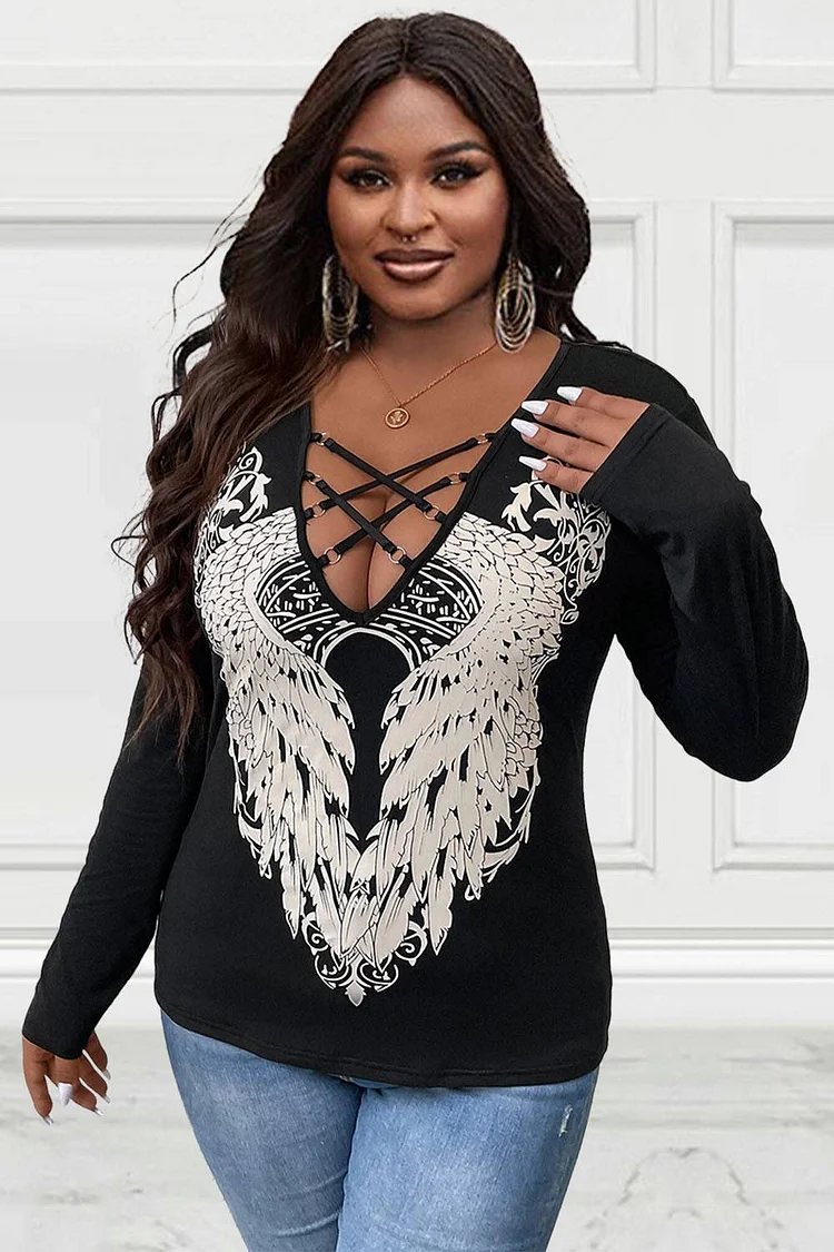 Plus Size Daily Top Black Feather Print Cross Top [Pre-Order]