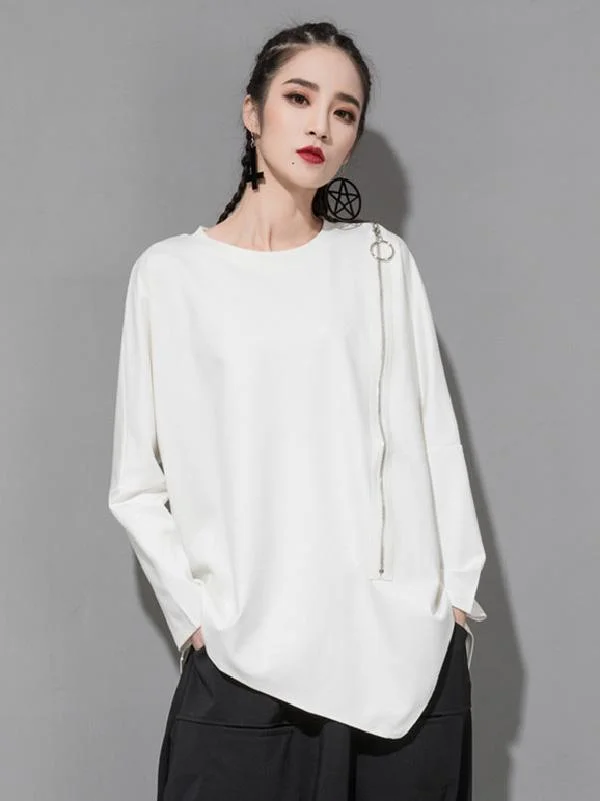 Roomy Pure Color Cropped Zipper T-Shirt