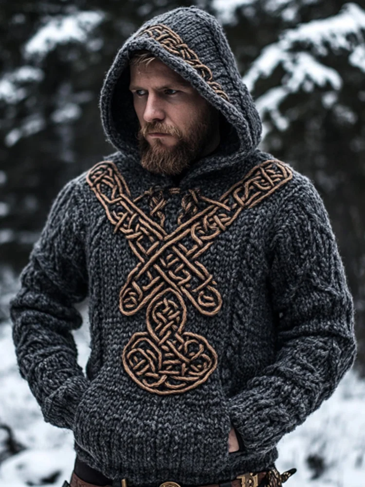Men's Vintage Viking Inspired Celtic Jacquard Hooded Sweater