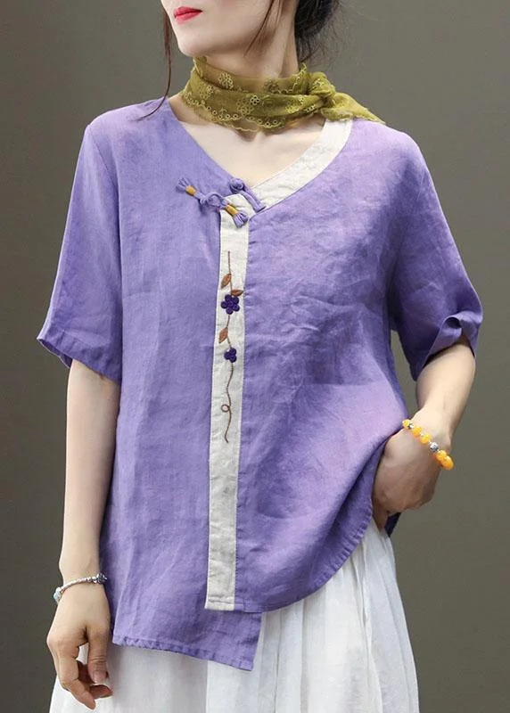 Casual Purple Embroidered Asymmetrical Design Patchwork Summer Linen Blouse Top Short Sleeve