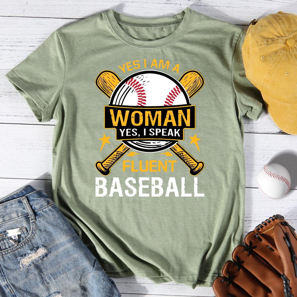 Yes i am a woman ,yes i speak fluent baseball Round Neck T-shirt-0025489-Guru-buzz