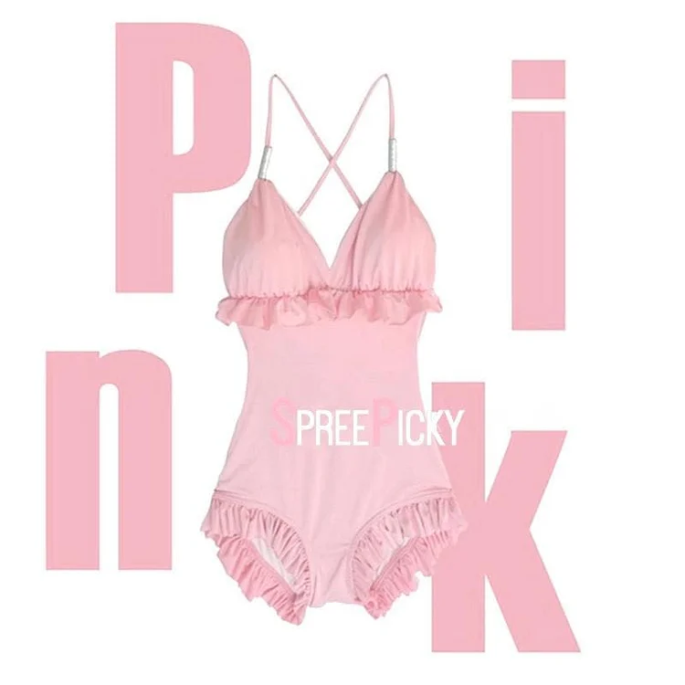 Black/Pink Ruffled High-waisted One Piece Swimsuit SP179086