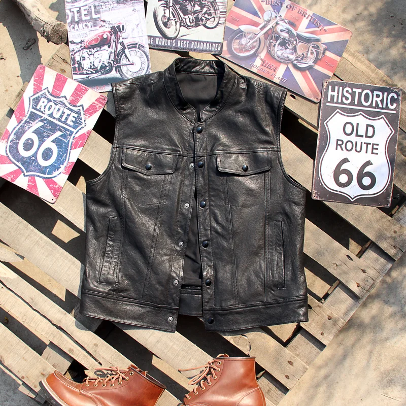 Vintage Harley Motorcycle Stand Collar Slim Leather Vest