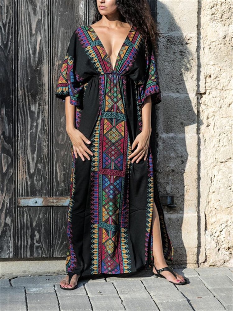 Ethnic Aztec V Neck Drawstring Maxi Dress