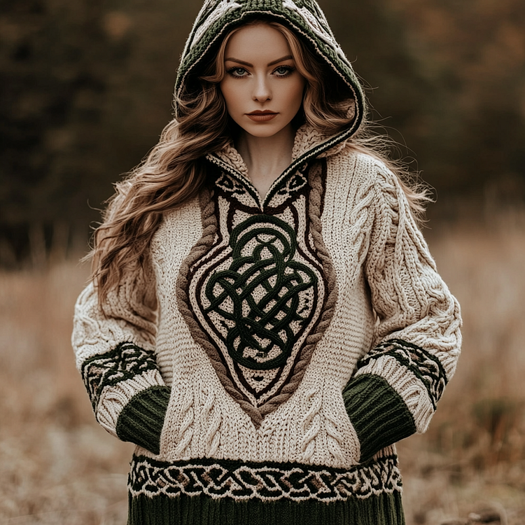 Women's Irish Pattern Jacquard Pocket Cozy Hooded Sweater
