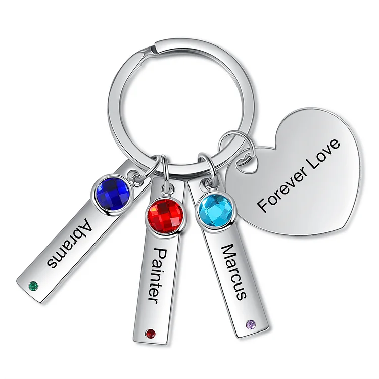 Personalized Heart Keychain with Birthstones Engraved 3 Names Family Keychain