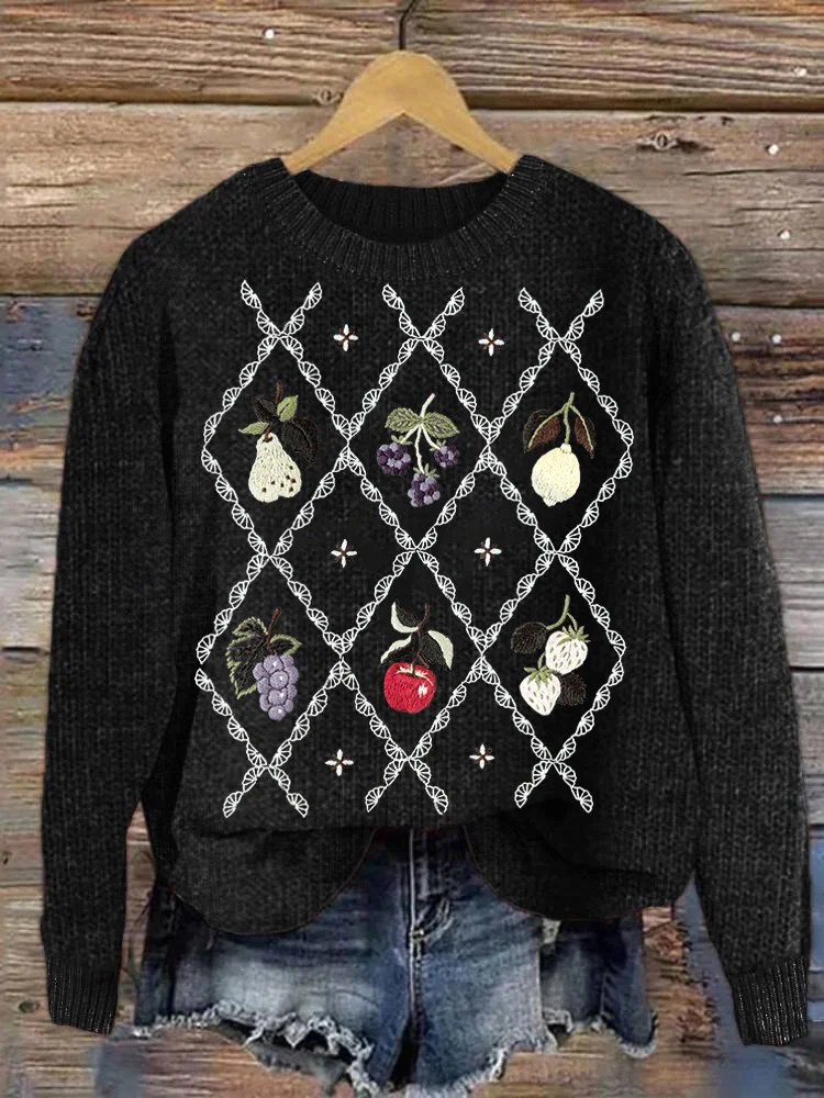 VChics Fruit Embroidered Pattern Lace Cozy Knit Sweater