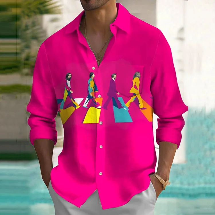 Men's Musical Character Pattern Lapel Button Long Sleeve Shirt