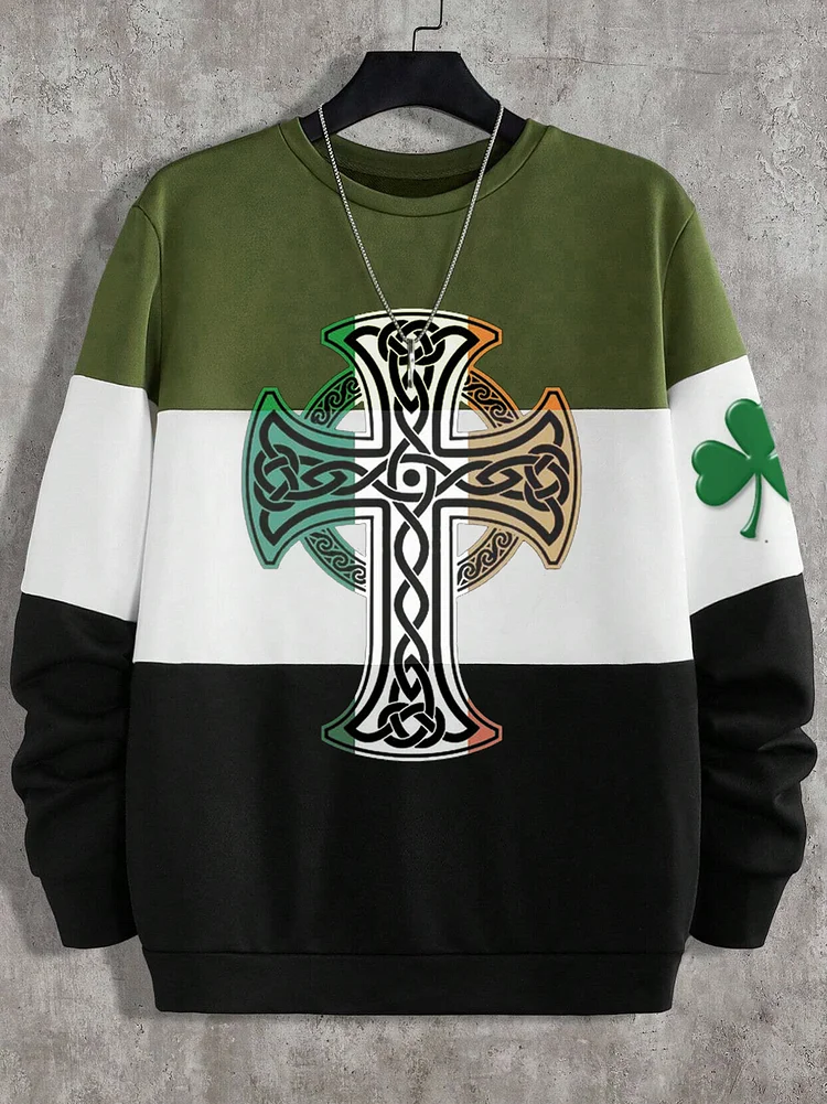 Men's St Patrick's Day Color Block Christ Cross Print Sweatshirt