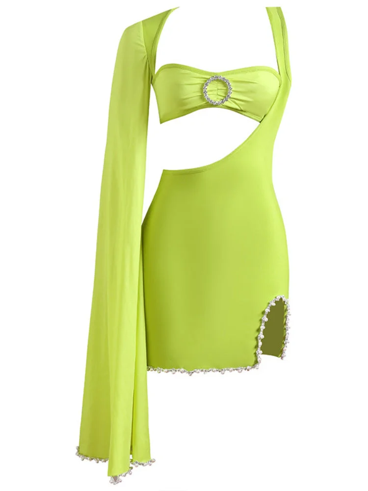 ABEBEY-Green Pearl One-shoulder Bandage Dress