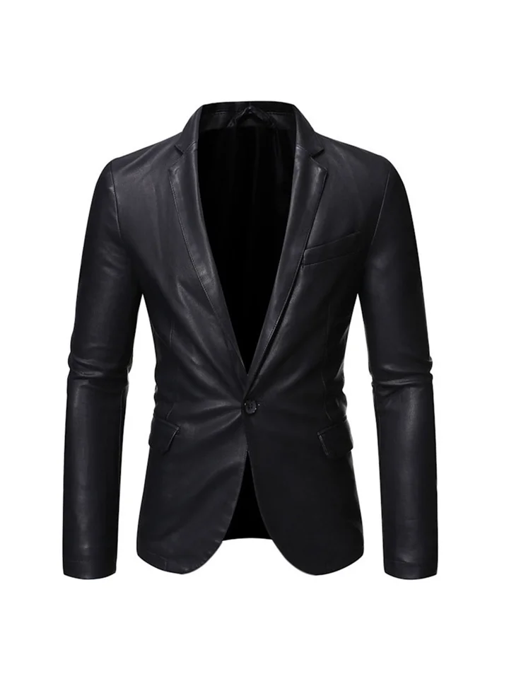 Men's Solid Color Leather Jacket Suit Youth Handsome Leather Suit Fashion Slim Casual Lapel Single Button Jacket Cardigan-Cosfine
