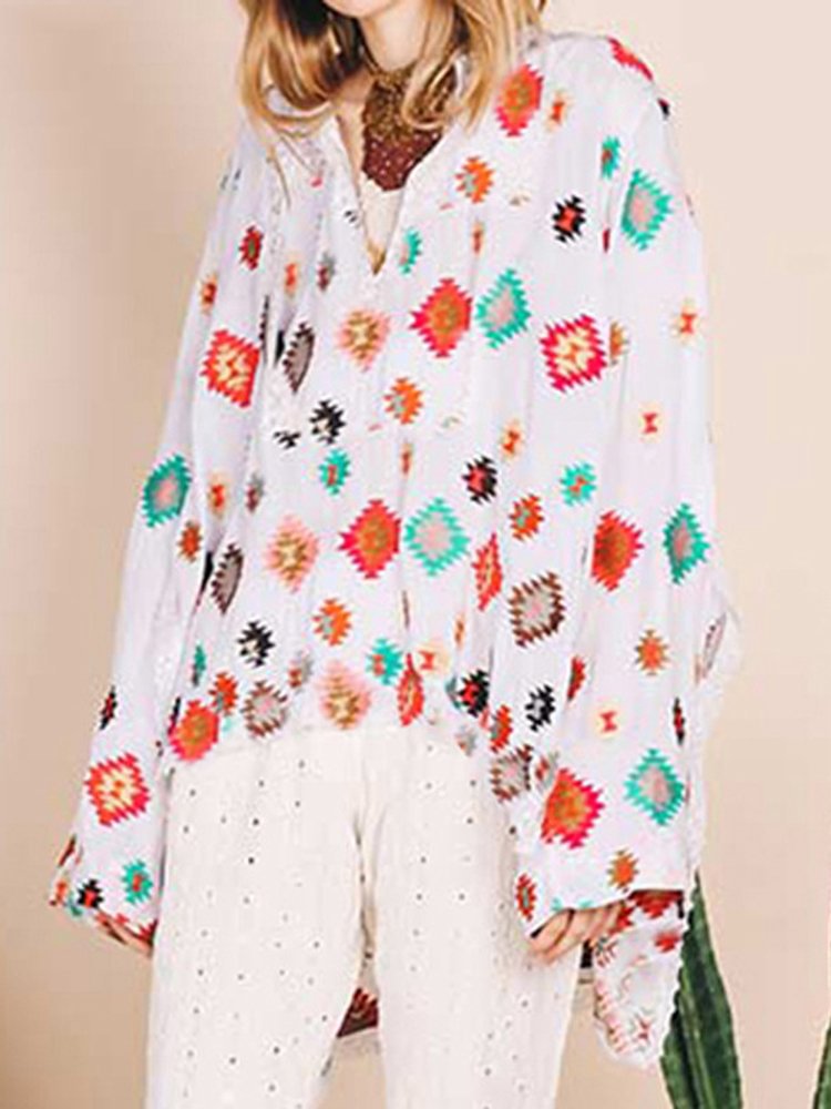 Bohemian Geometric Print Irregular Long Sleeve Blouse P1533455