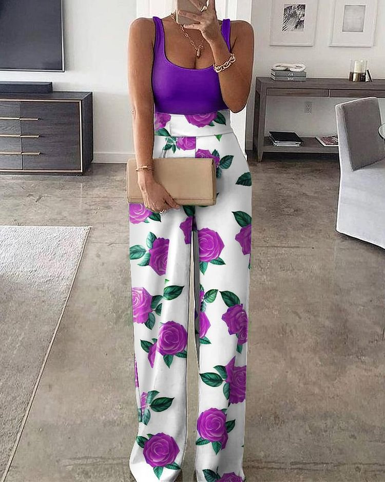 Plain U-neck Top & Floral Print Pants Patchwork Jumpsuit P14039