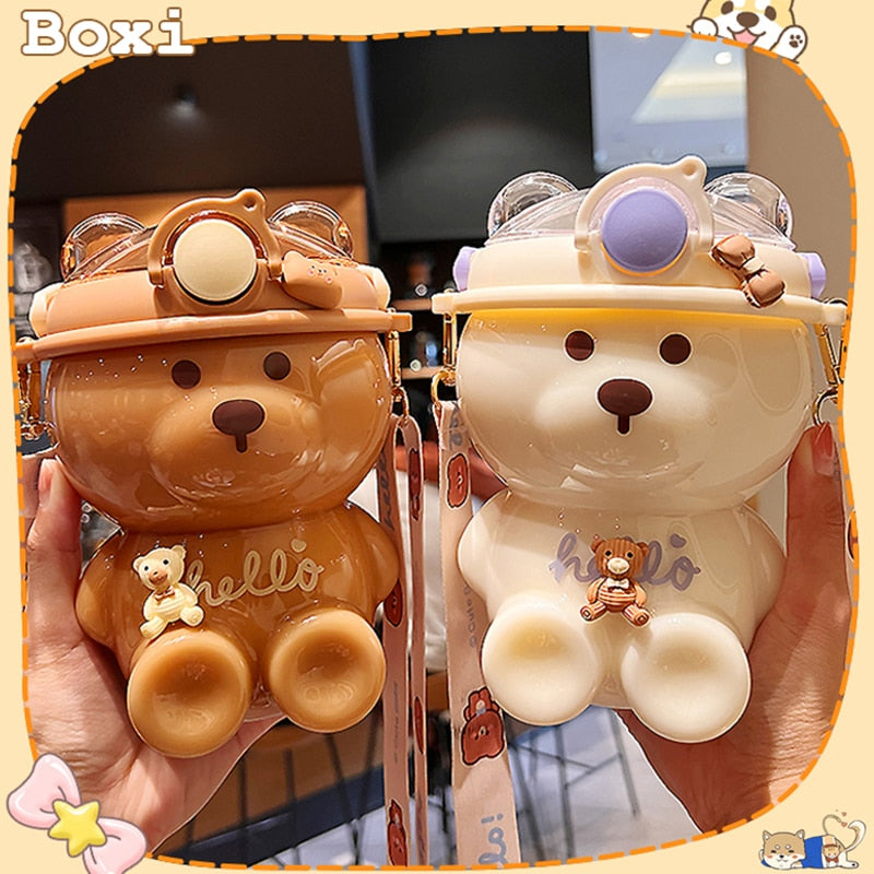 1000 ML Kawaii Bear Kids Straw Water Bottle For Girls Portable Strap ...
