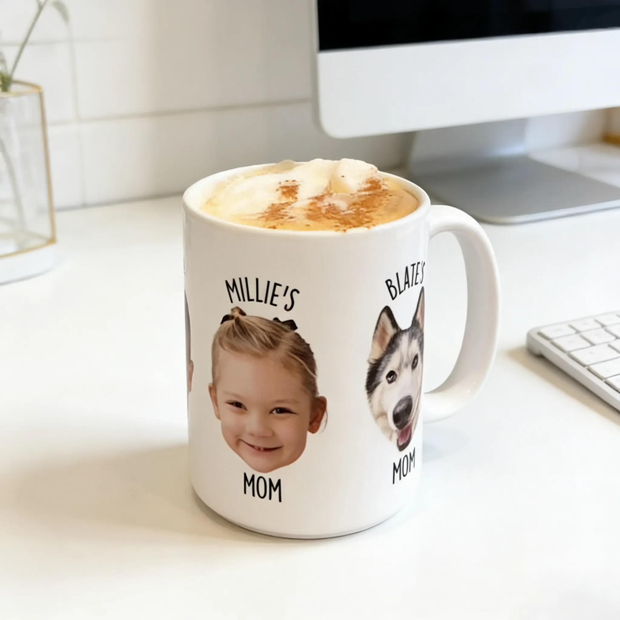 Personalized children's photo fun coffee mug, a gift from daughters and sons to their mothers, Mother's Day coffee mug, mug with a decorative gift box.