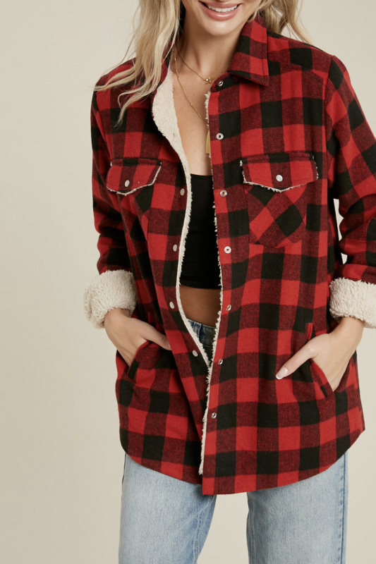 Winter thickened flannel lined plaid shirt jacket