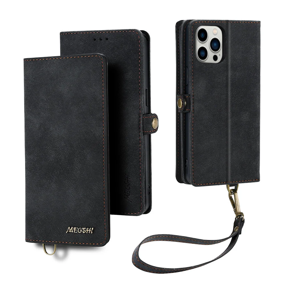 Luxury Retro Wallet Phone Case With Detachable Cards Slot,Phone Stand And Lanyard For IPhone 14/14 Pro/14 Pro Max/14 Plus