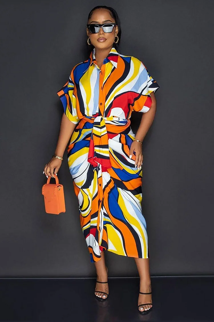 Pattern Print Button Up Half Sleeve Tie Up Bodycon Ruched Midi Dress