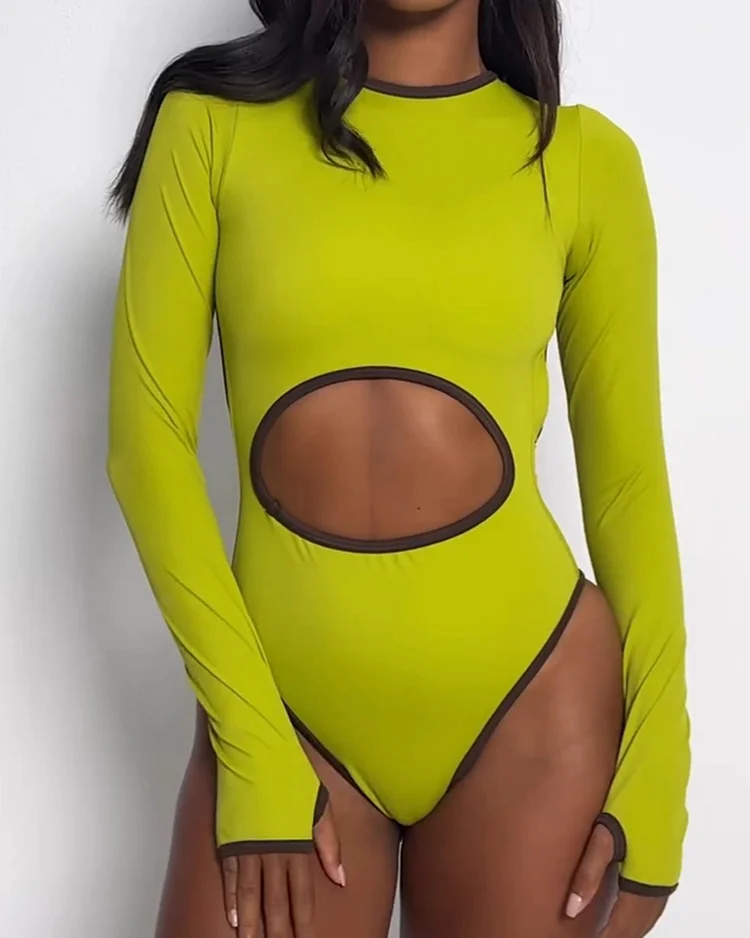 Women's Contrast Color Hollow Long Sleeve One-piece Swimsuit