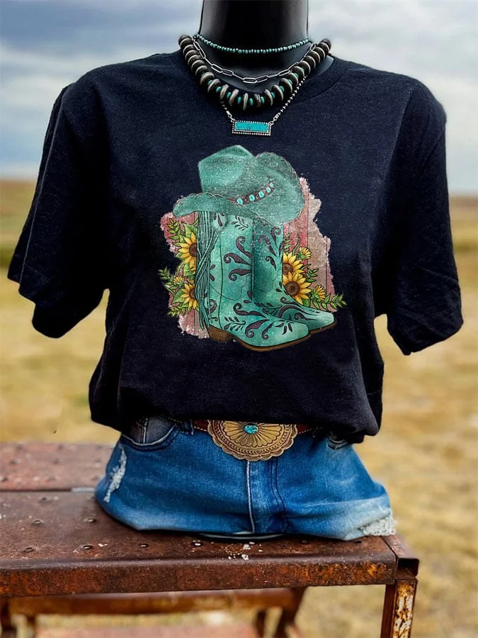 Women's Turquoise Western Boots and Cowboy Hat Print Short Sleeve T-Shirt