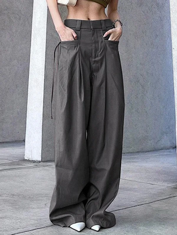 High Waisted Loose Pleated Solid Color Split-Joint Streamer Pants Trousers