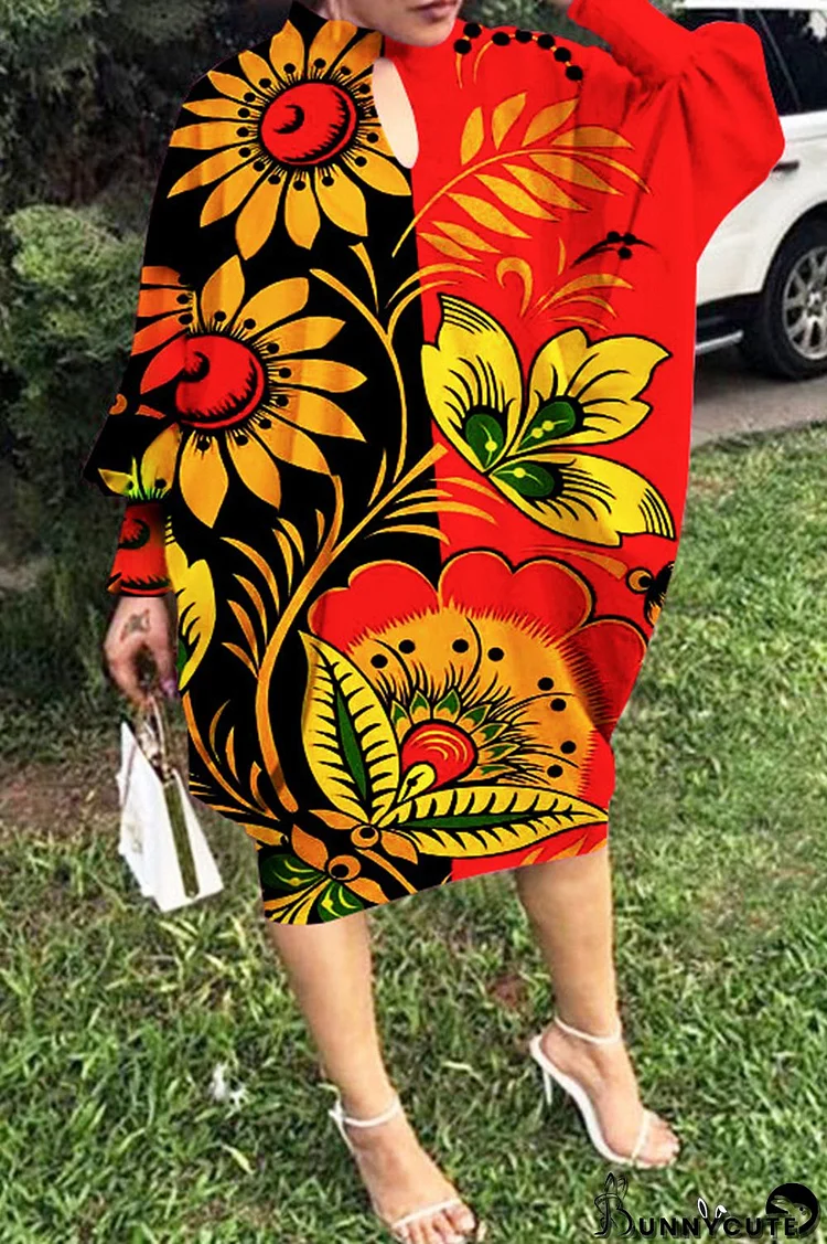 Red Fashion Casual Print Hollowed Out O Neck Long Sleeve Dresses