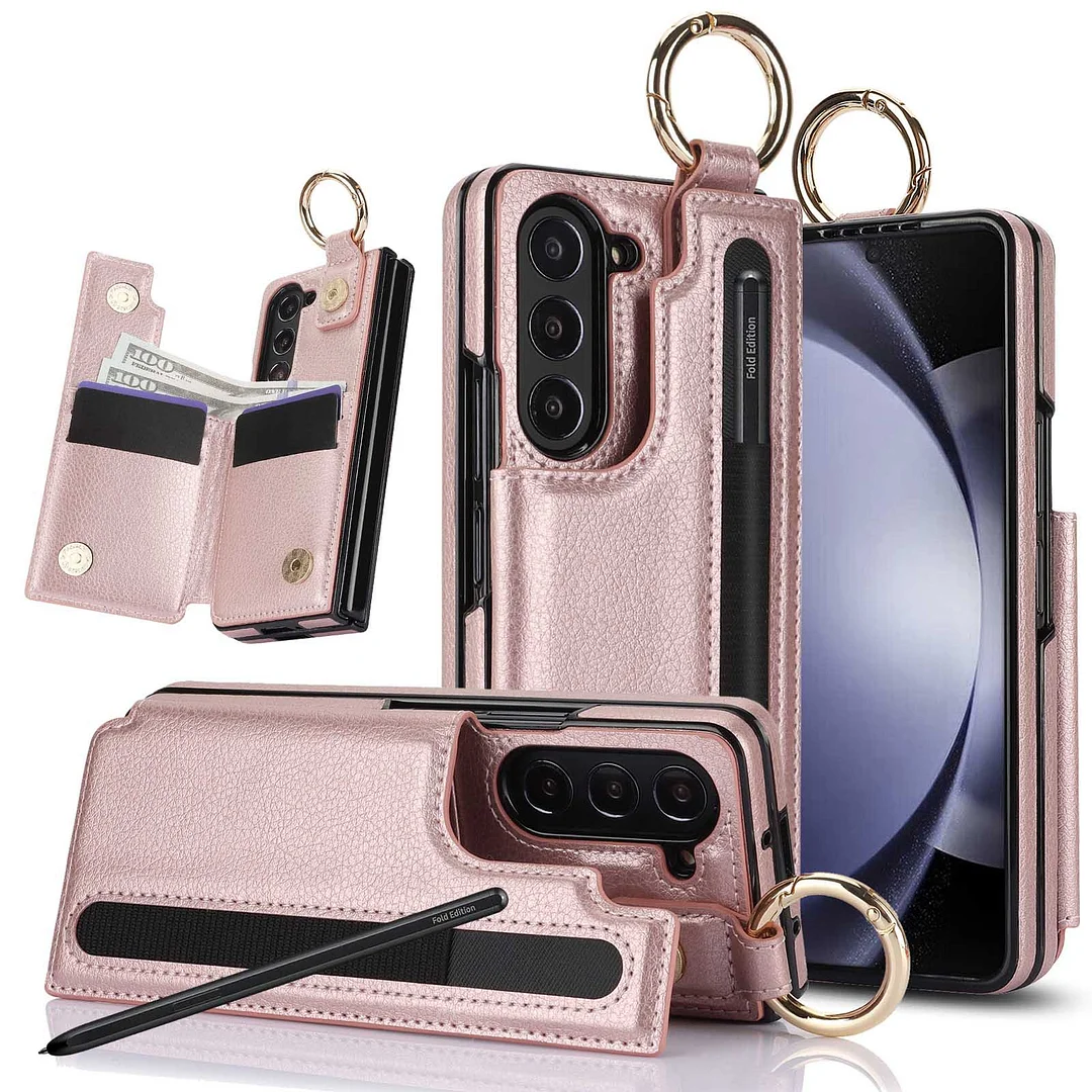 Luxury Retro Leather Phone Case With 4 Cards Slot,Kickstand,Stylus,Stylus Slot And Hangable Finger Ring For Galaxy Z Fold3/Z Fold4/Z Fold5