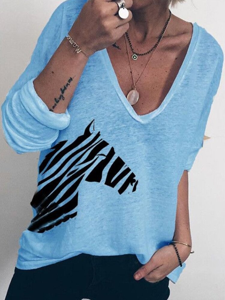Zebra Print Long Sleeve V neck Casual Blouse For Women P1725175