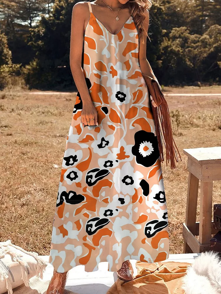 Women's Orange Floral Print Casual Suspender V Neck Dress socialshop