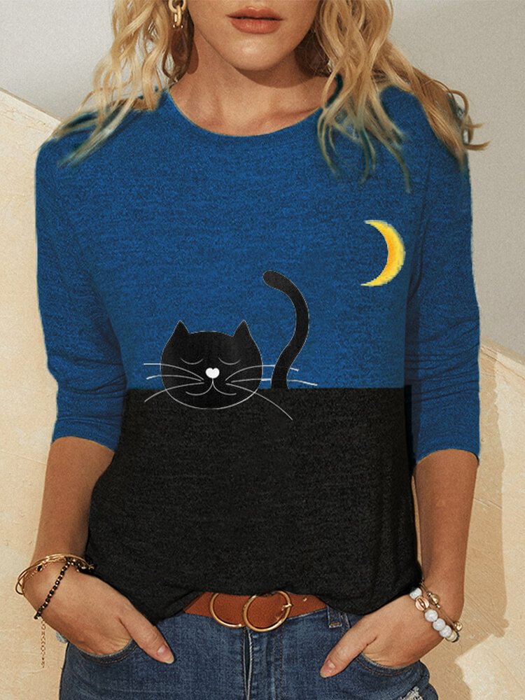 Cartoon Cat Moon Print O neck Long Sleeve T shirt P1733656