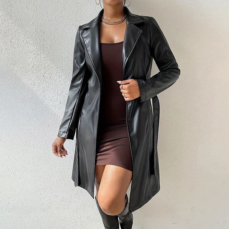 Women's PU Leather Lace Up Lapel Collar Mid Length Coat