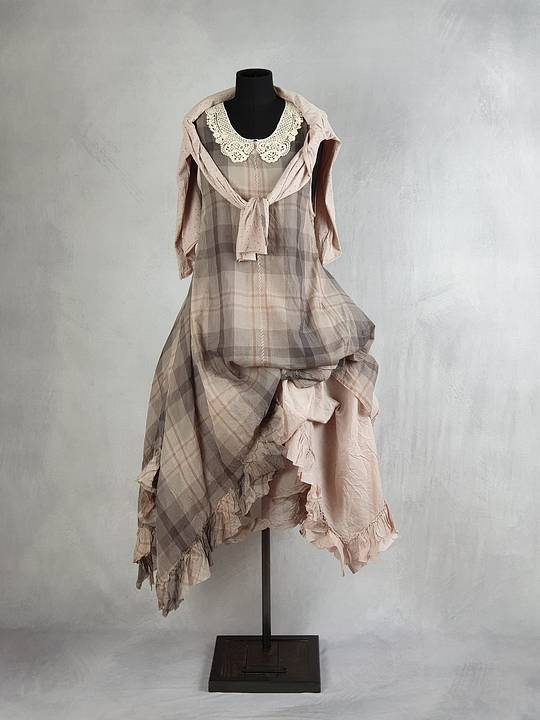Cotton Linen Plaid Print Lace Neckline Dress