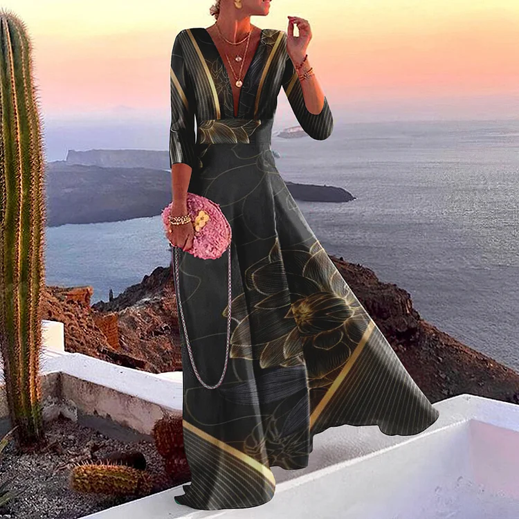 Vefave Deep V-Neck Black Gold Flower Print Maxi Dress