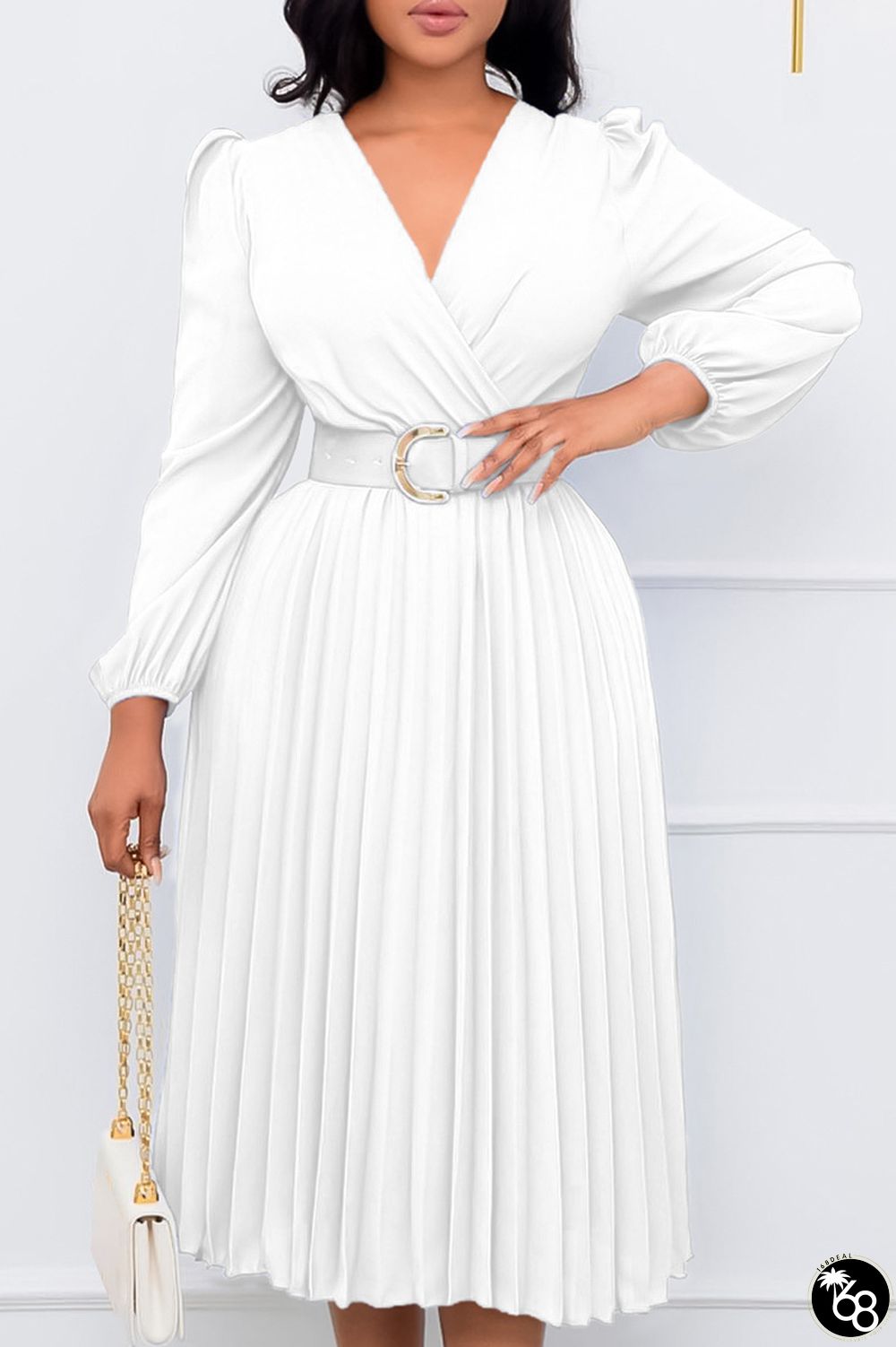 White Casual Solid Patchwork Fold V Neck Waist Skirt Dresses(With Belt) | 168DEAL