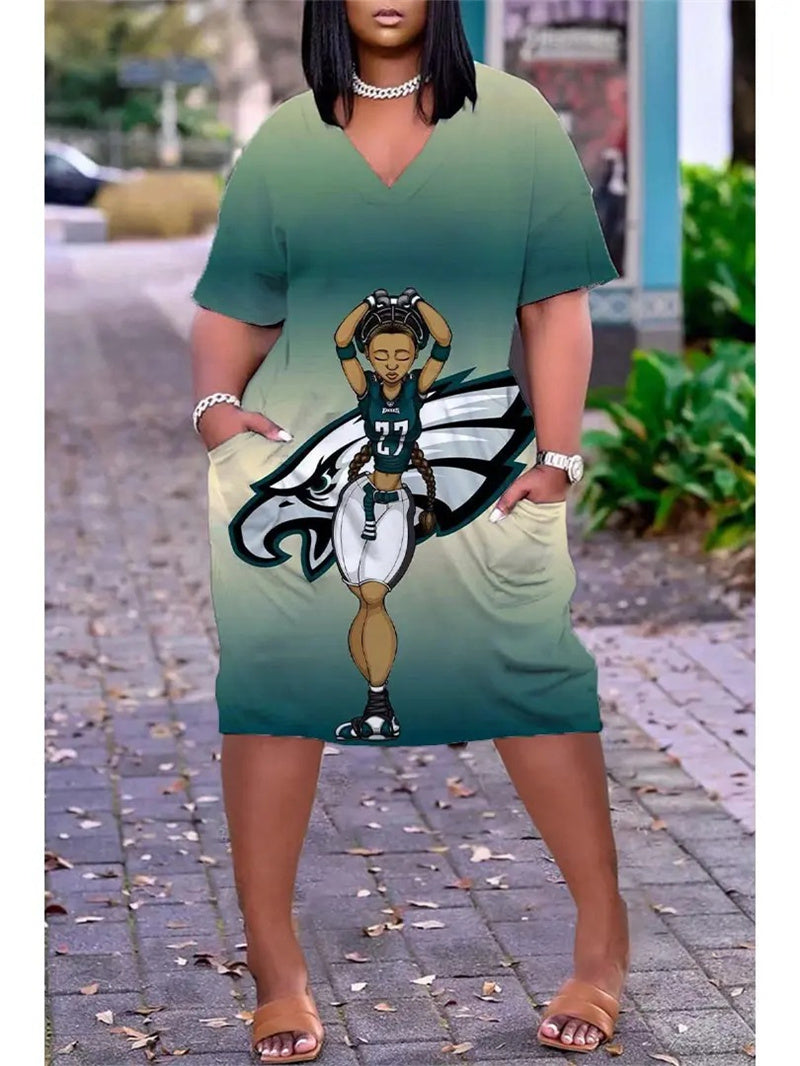 Philadelphia Eagles V Neck Cold Shoulder Maxi Dress Women's Casual Pockets  Dress