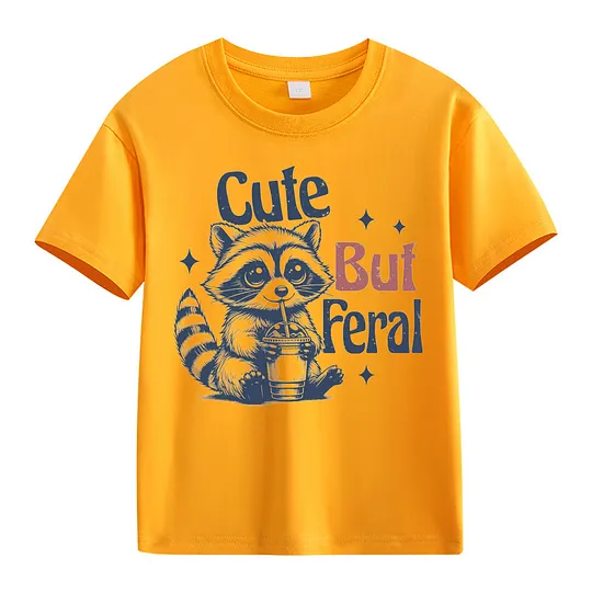 【2Y-13Y】Cute But Feral Cartoon Raccoon Print T-Shirt For Kids