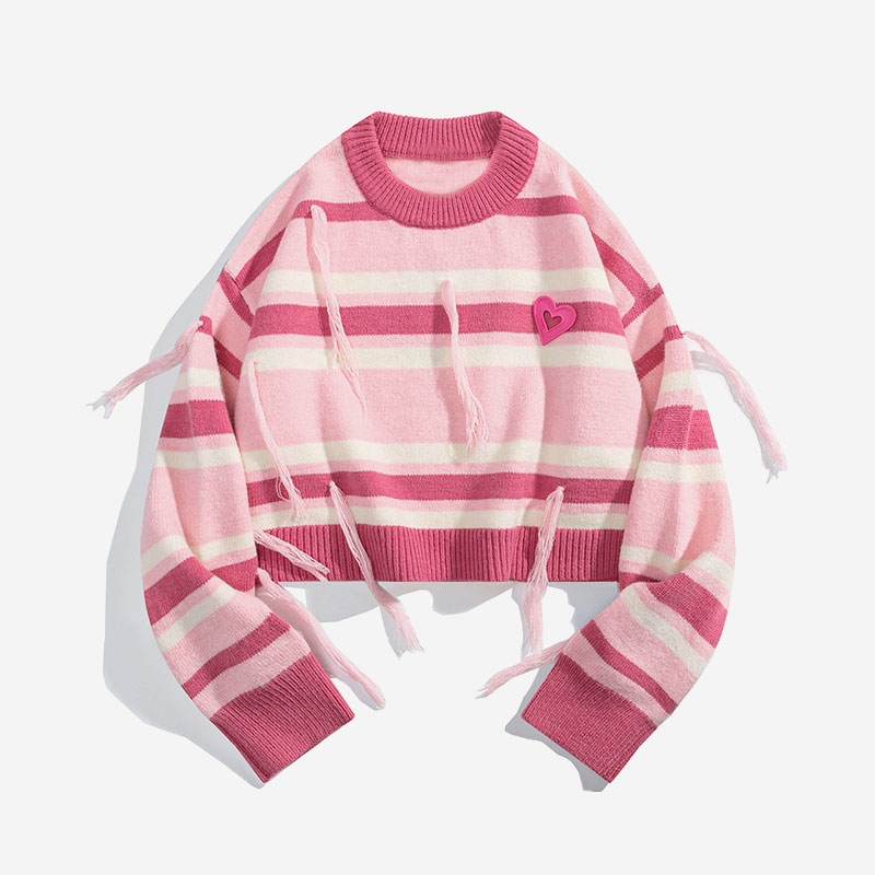 Colorblock Stripe Love Heart Design Fringed Sweater
