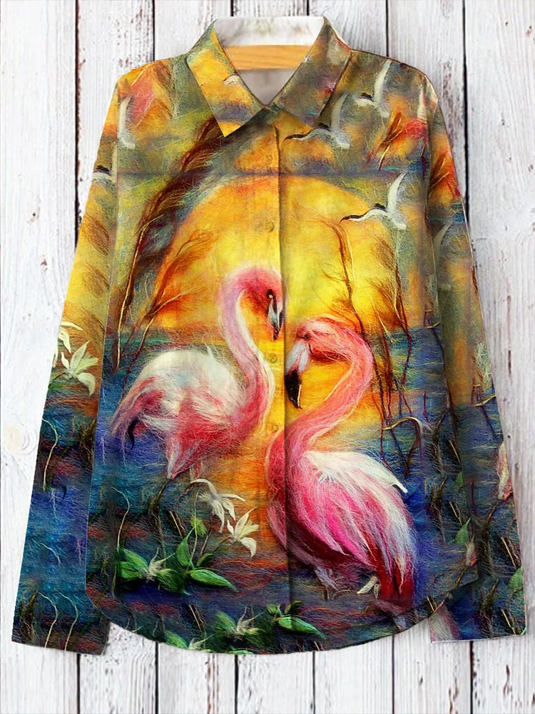 Sunset Flamingo Print Single-Breasted Casual Top socialshop