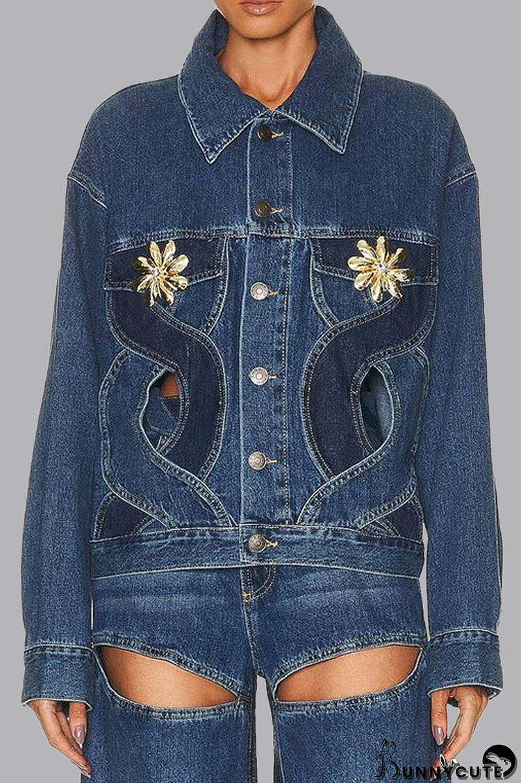 Casual Color Lump Solid Hollowed Out Buttons Metal Accessories Decoration Turndown Collar Long Sleeve Regular Denim Jacket