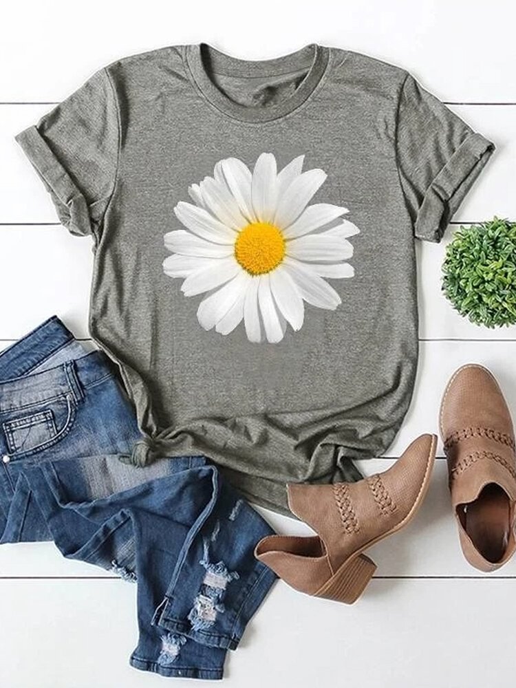 Flower Printed Short Sleeve O neck T shirt For Women P1695955