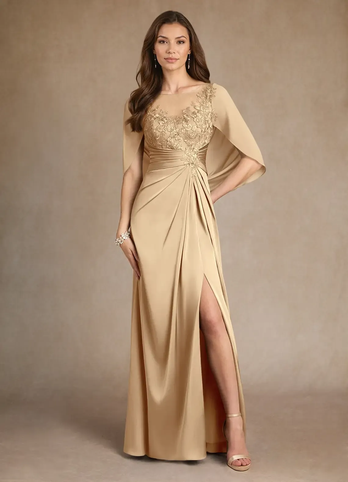 Lussooy Charming Gold Satin Embroidery Split Square Neck Mother of The Bride Dress