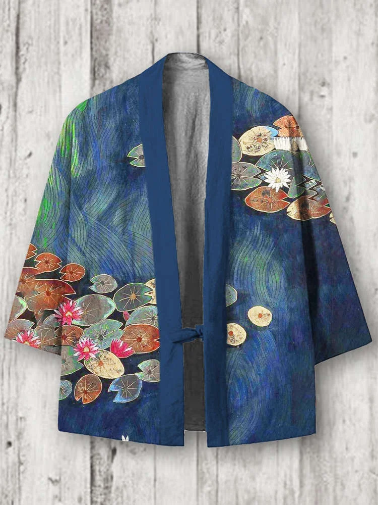Comstylish Japanese Lotus Leaf Print Linen Blend Kimono Cardigan