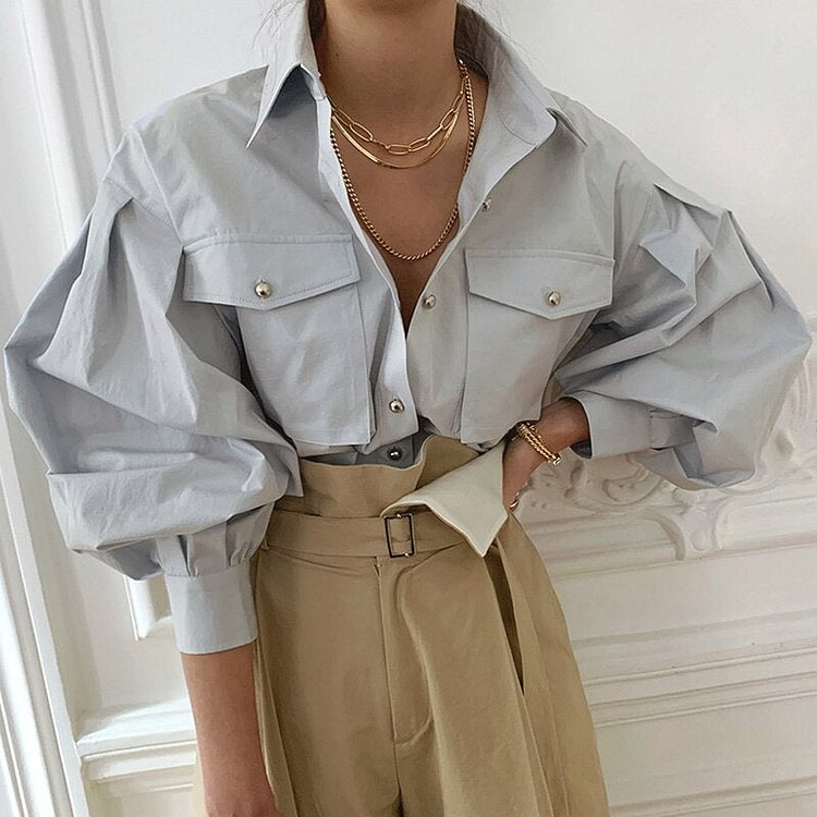 Chic Elegant Loose Single-breasted Shirts for Women Autumn New Fashion Full Sleeve Pockets Female Blouse Tops - BlackFridayBuys