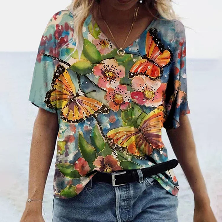 Casual Short Sleeve Butterfly Print T-Shirt