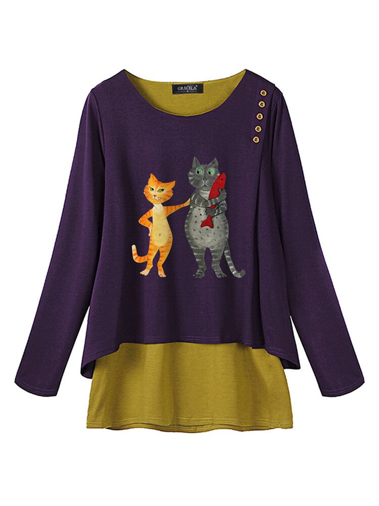Casual Print Cat Long Sleeve Blouse For Women P1569251