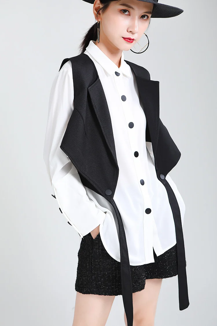 Women Contrasting Color Shirt Vest Two-Piece Set