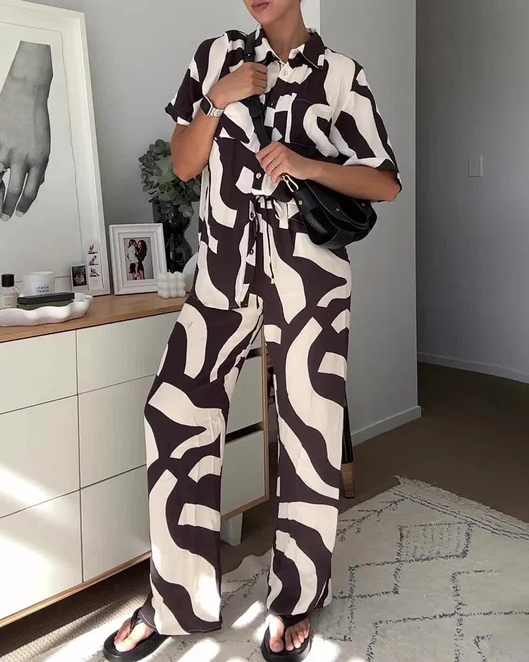 Stylish Casual Printed Short Sleeve Shirt and Pants Set