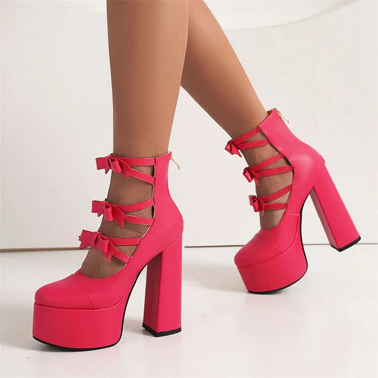Hot Pink Platform Chunky Heels Round Toe Strappy Bow Pumps Shoes |FSJ Shoes