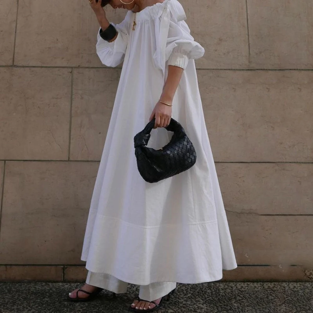 Off Shoulder Dress Long-sleeved Maxi Length Ladies Fashion A-line Dressing Pullover Plain  New Style White Color Vestidos