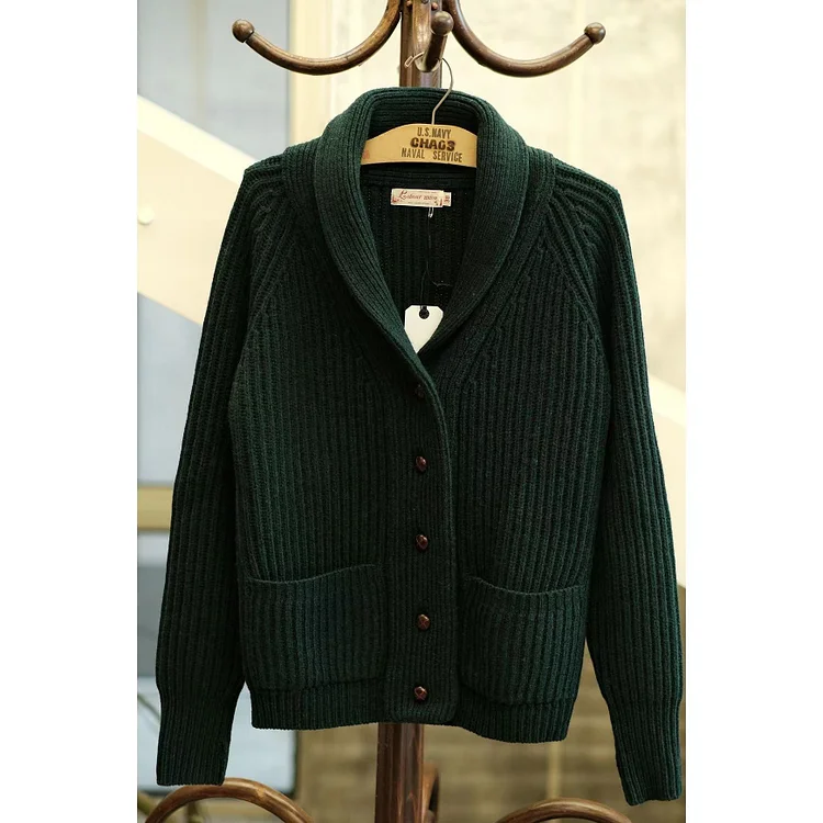 TIMSMEN Classic British retro Maillard sweater heavyweight thick green fruit collar cardigan sweater